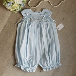 Blue Smocked Embroidered Romper Bubble Luli & Me Boutique NWT